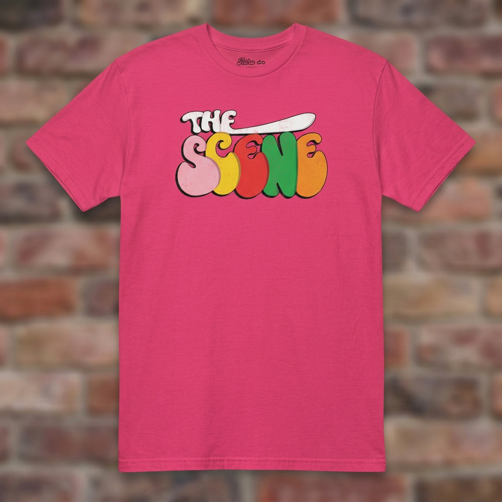 The Scene Detroit Heliconia T-shirt flat lay on brick background