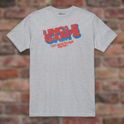 Uncle Sam's Sport Grey T-shirt flat lay on brick background