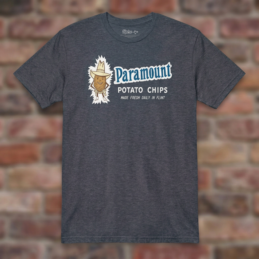 Paramount Potato Chips Heather Navy T-shirt flat lay on brick background