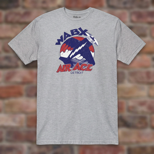 WABX Air Ace Sport Grey T-shirt flat lay on brick background