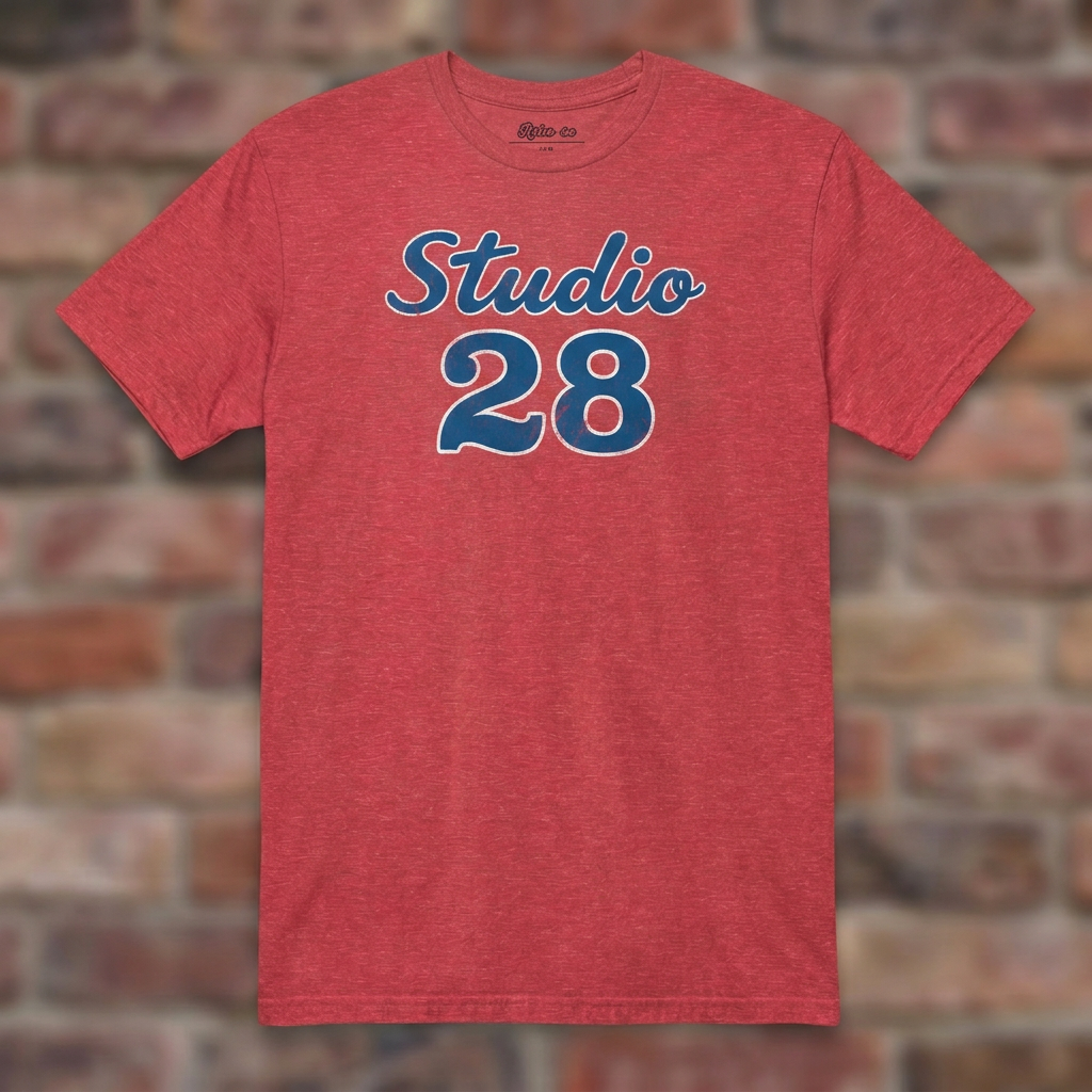 Studio 28 Heather Red T-shirt flat lay on brick background