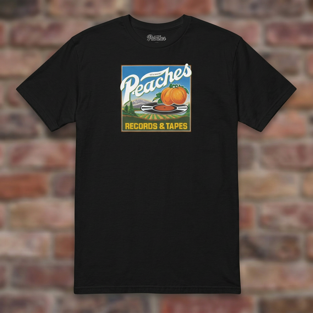 Peaches Records & Tapes Black T-shirt flat lay on brick background