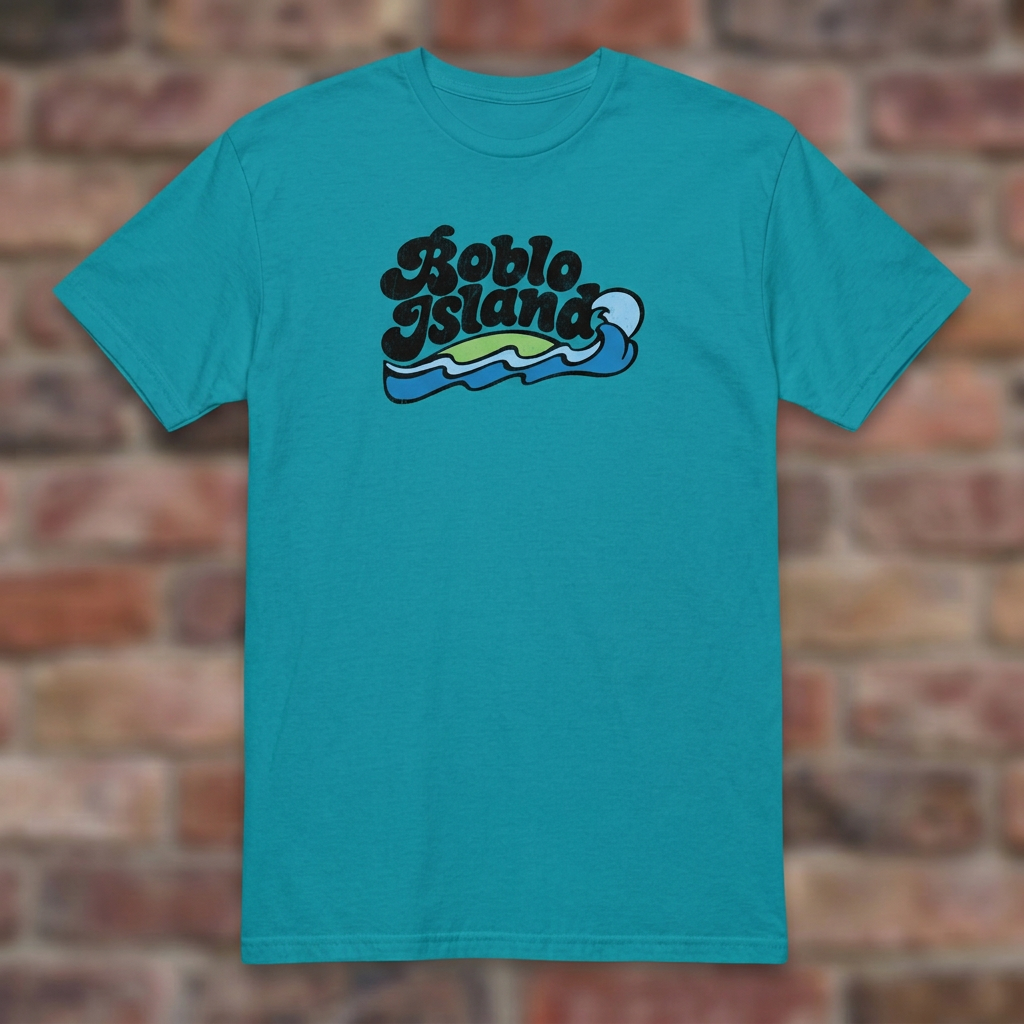 Tropical Blue Boblo Island T-shirt flat lay on warm brick
