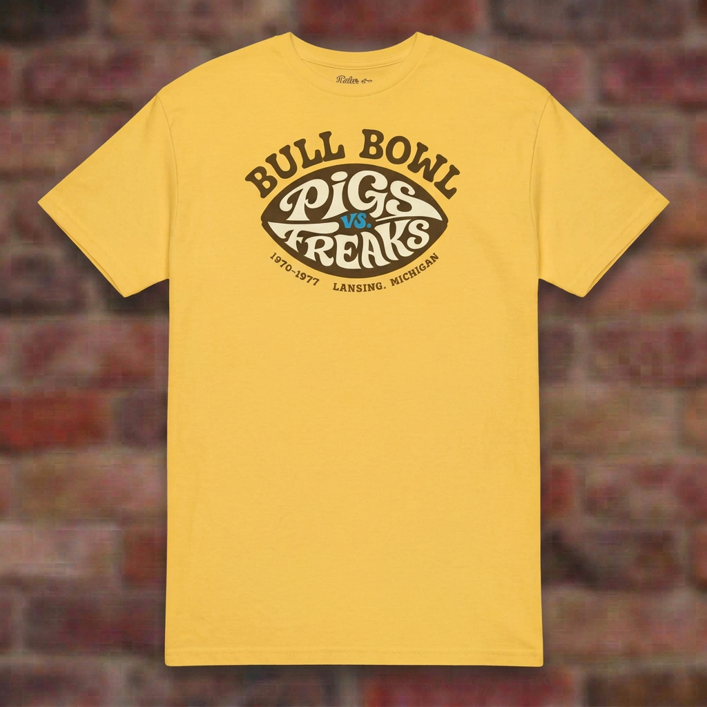 Bull Bowl Daisy T-shirt flat lay on brick background