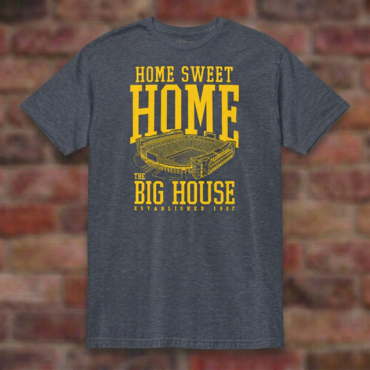 Home Sweet Home The Big House Heather Navy T-shirt flat lay on brick background