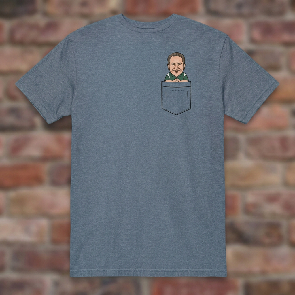 Little Izzo in Your Pocket Heather Indigo T-shirt flat lay on brick background