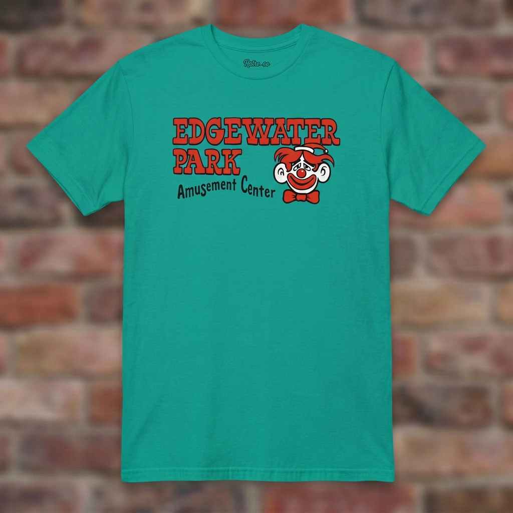 Edgewater Park Jade Dome T-shirt flat lay on brick background