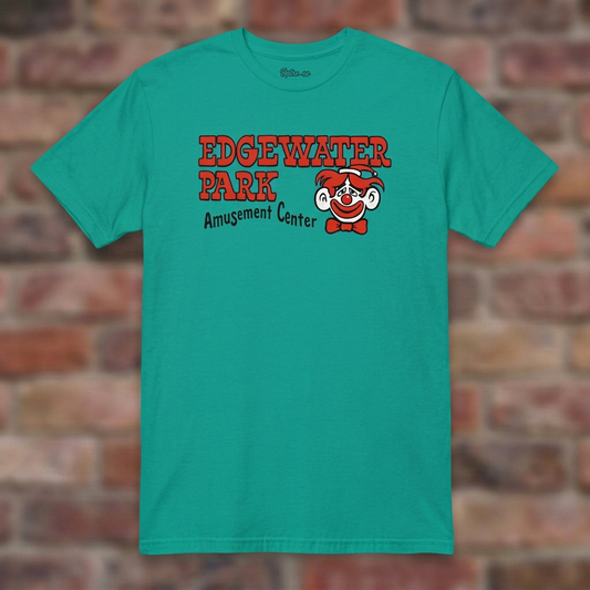 Edgewater Park Jade Dome T-shirt flat lay on brick background
