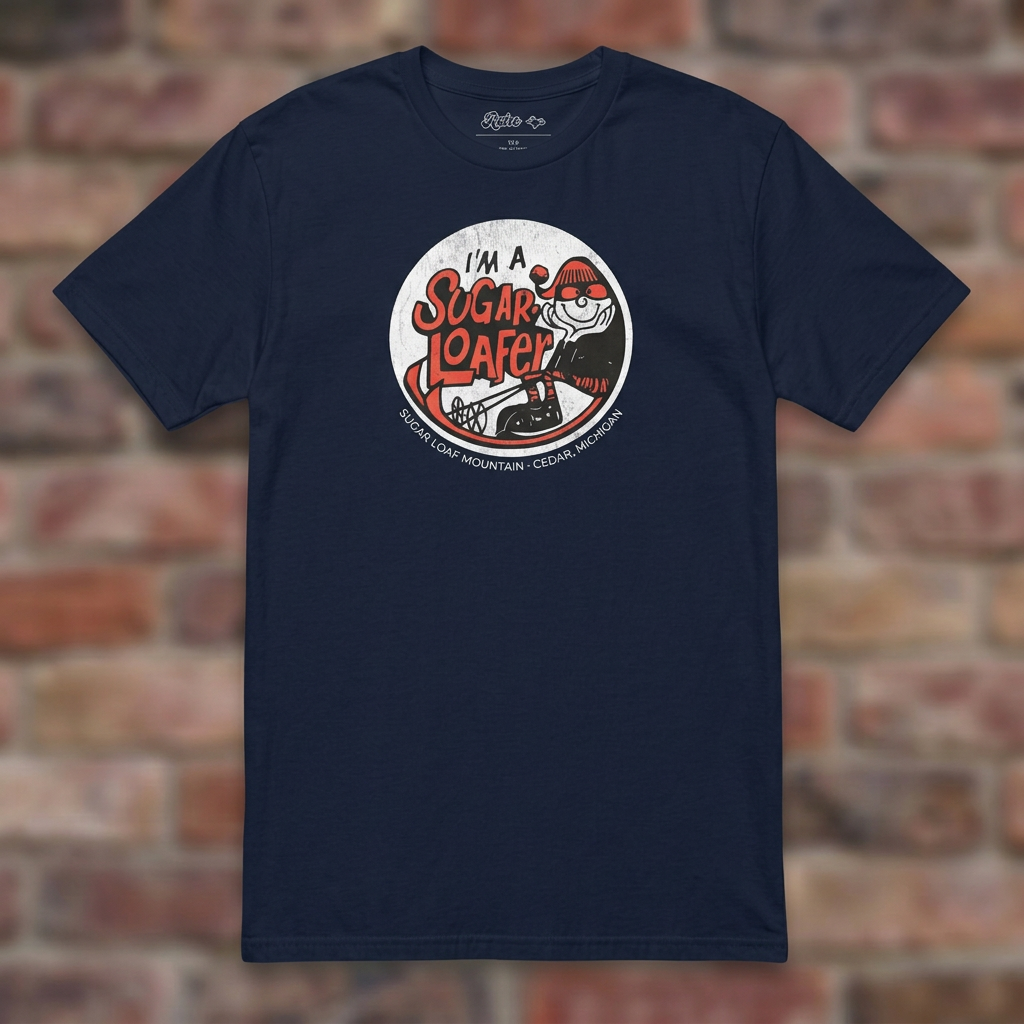I'm a Sugar Loafer T-shirt in Navy, flat lay on warm brick background
