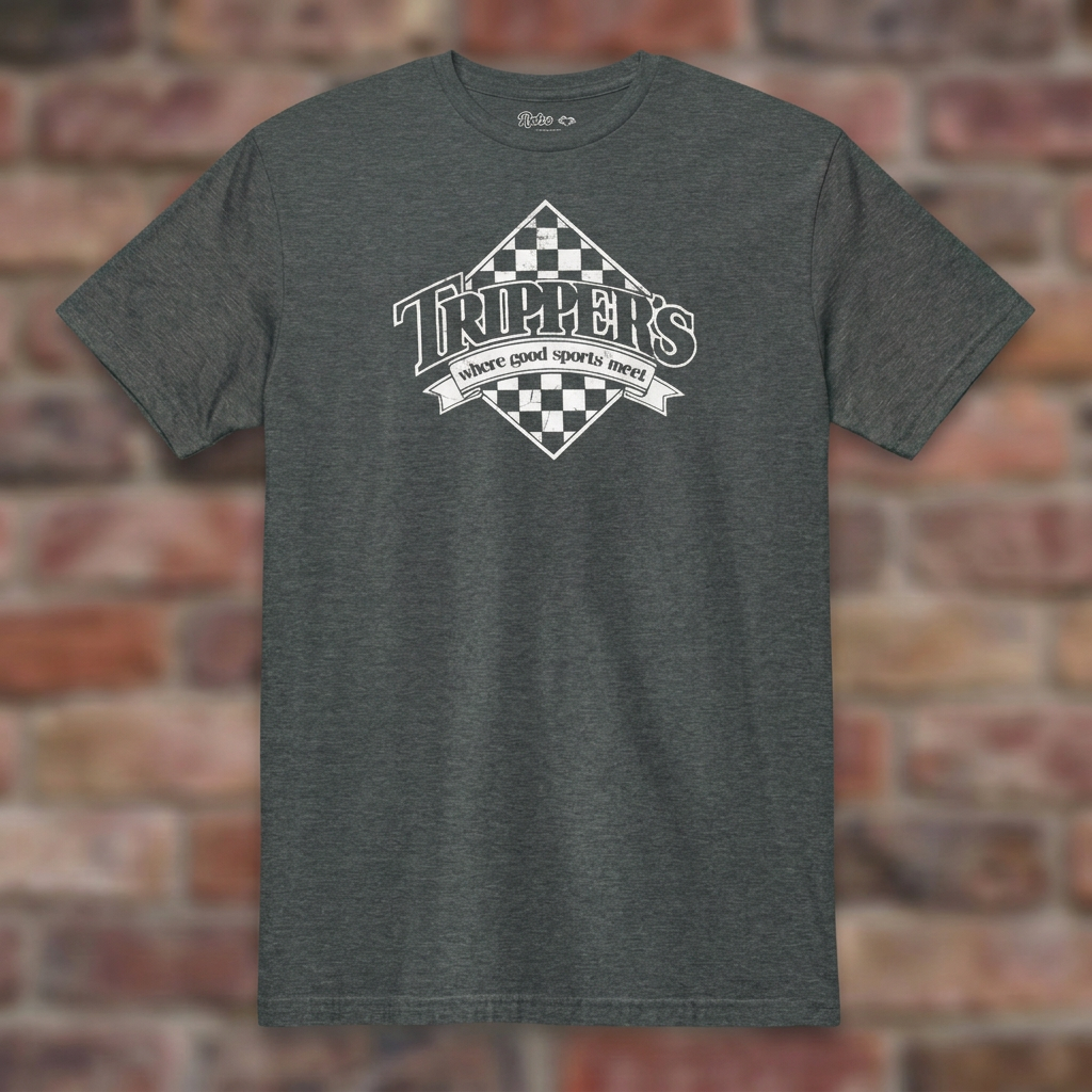 Trippers Lansing Dark Heather T-shirt flat lay on brick background