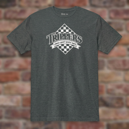 Trippers Lansing Dark Heather T-shirt flat lay on brick background