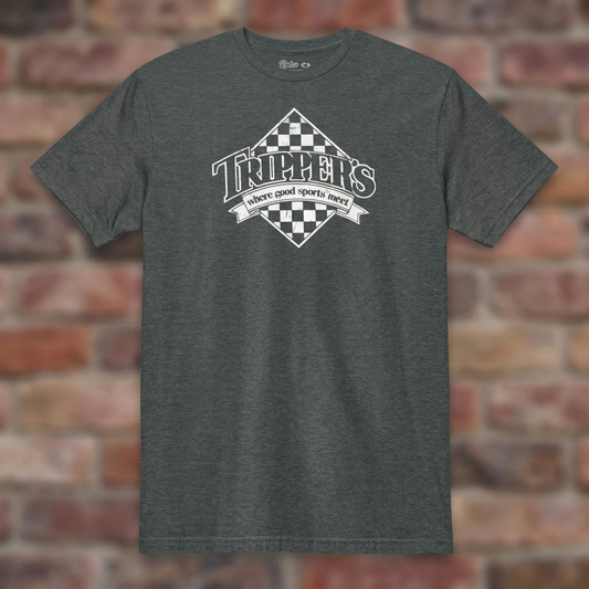 Trippers Lansing Dark Heather T-shirt flat lay on brick background