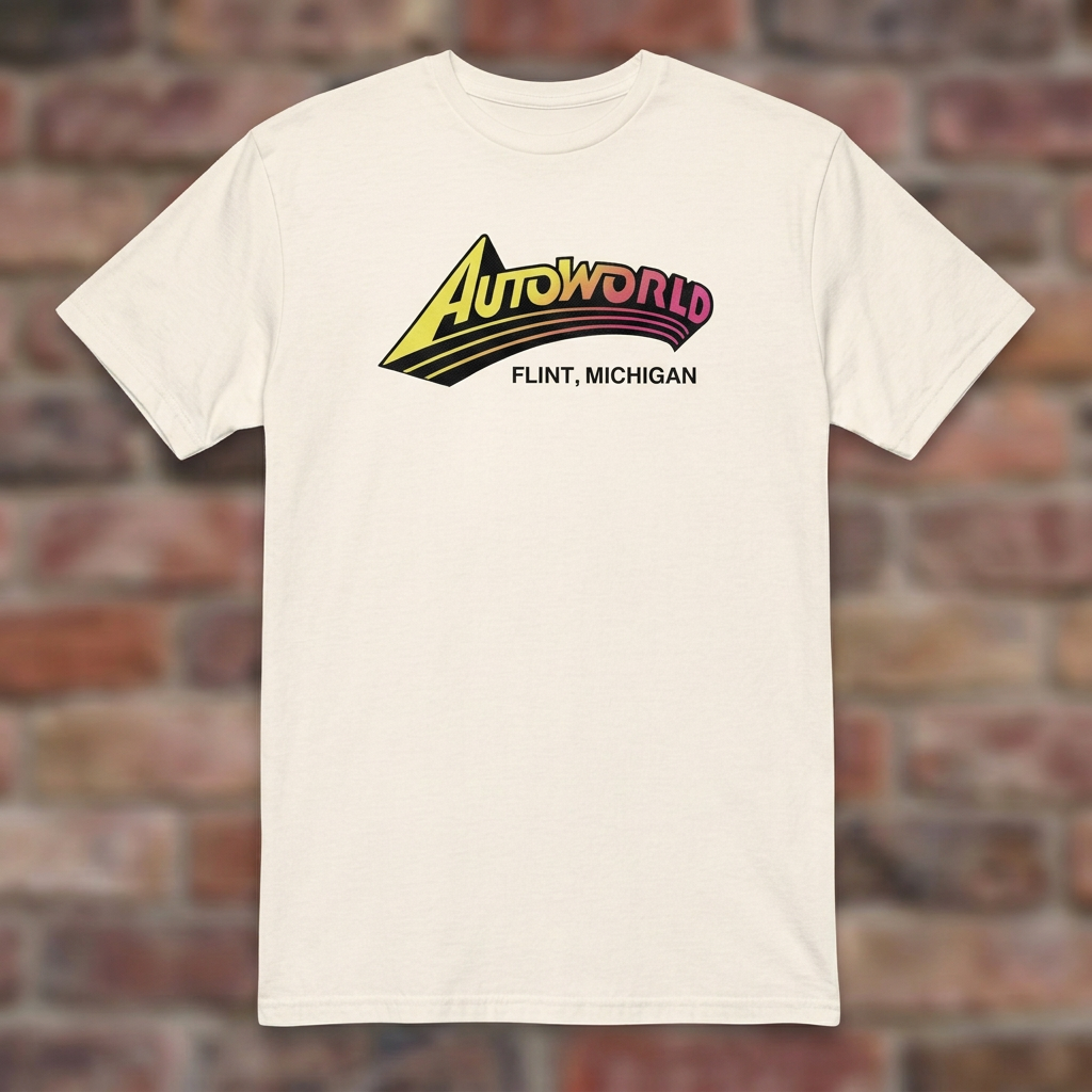 Autoworld Natural T-shirt flat lay on brick background