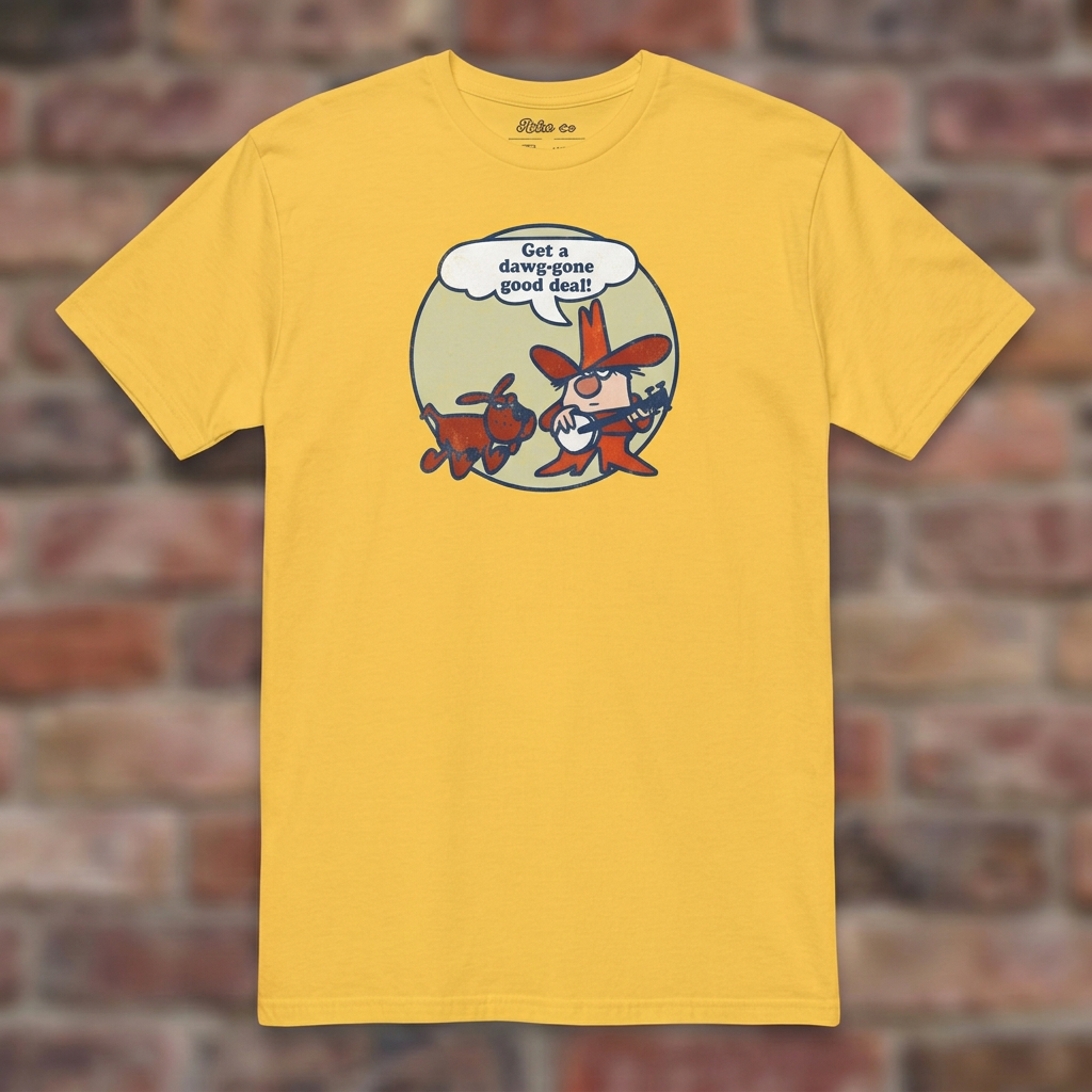 Get a Dawg-Gone Good Deal T-shirt in Daisy, flat lay on warm brick background