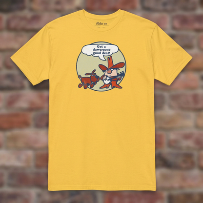 Get a Dawg-Gone Good Deal T-shirt in Daisy, flat lay on warm brick background
