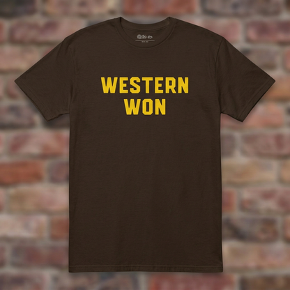 Dark Chocolate Western Won T-shirt flat-lay against weathered brick