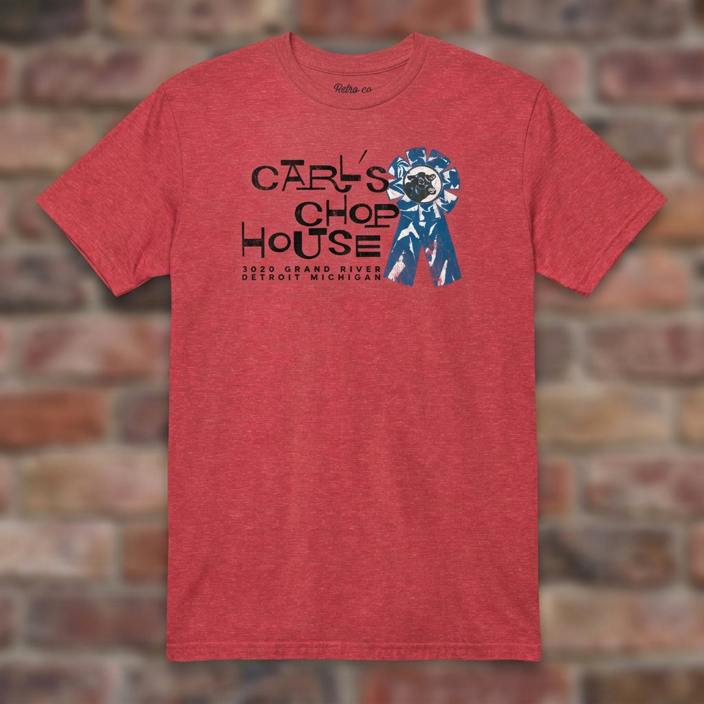 Carl's Chop House Heather Red T-shirt flat lay on brick background