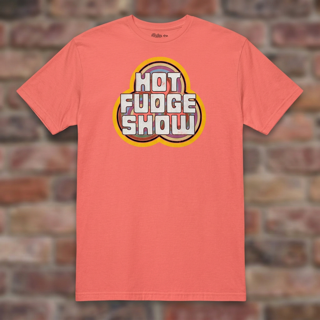 Hot Fudge Show Coral Silk T-shirt flat lay on brick background