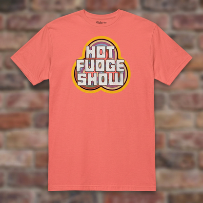 Hot Fudge Show Coral Silk T-shirt flat lay on brick background