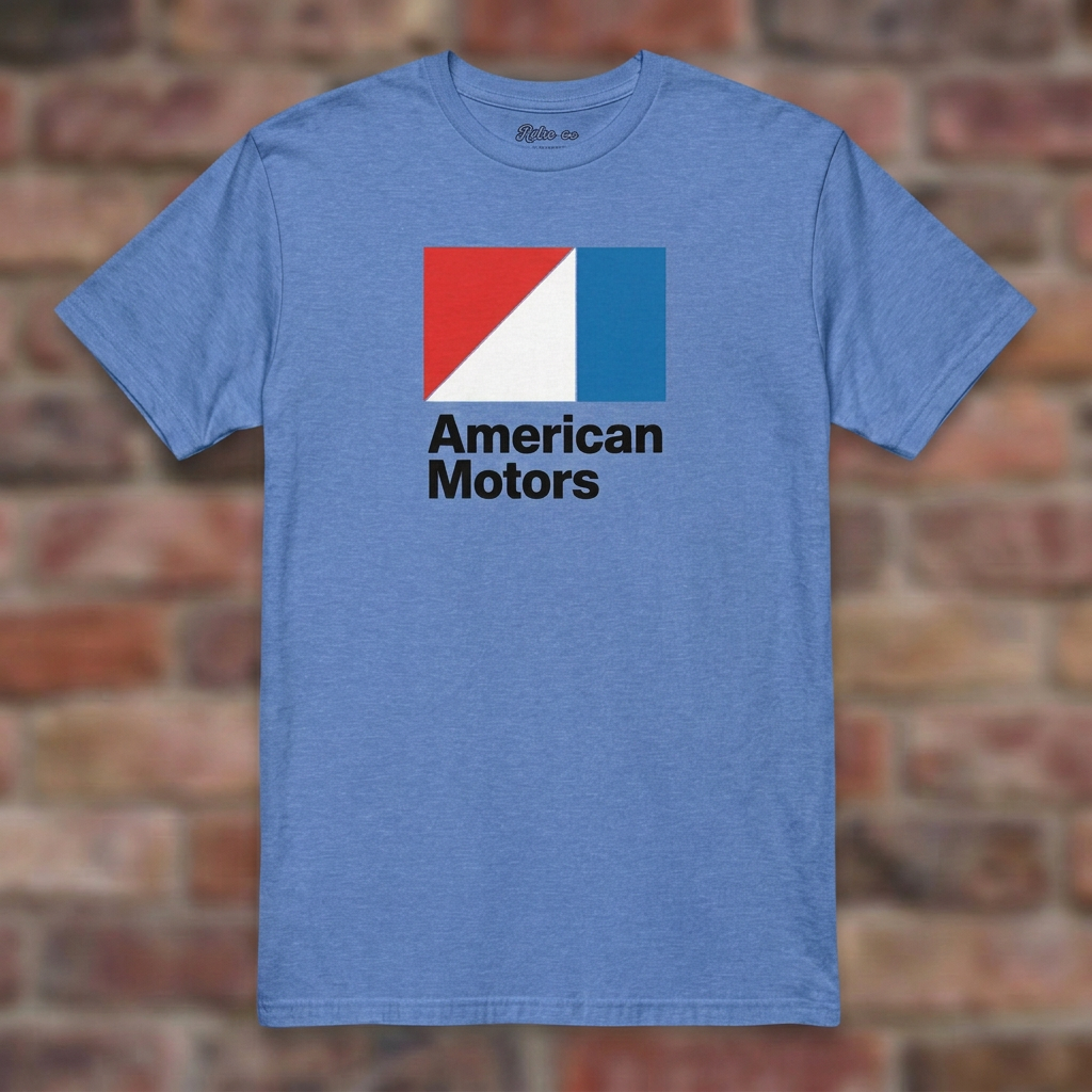 American Motors Heather Royal T-shirt flat lay on brick background