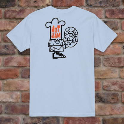 Hot Sam Pretzels T-shirt in Light Blue, flat lay on warm brick background