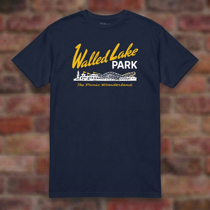 Walled Lake Park Navy T-shirt flat lay on brick background