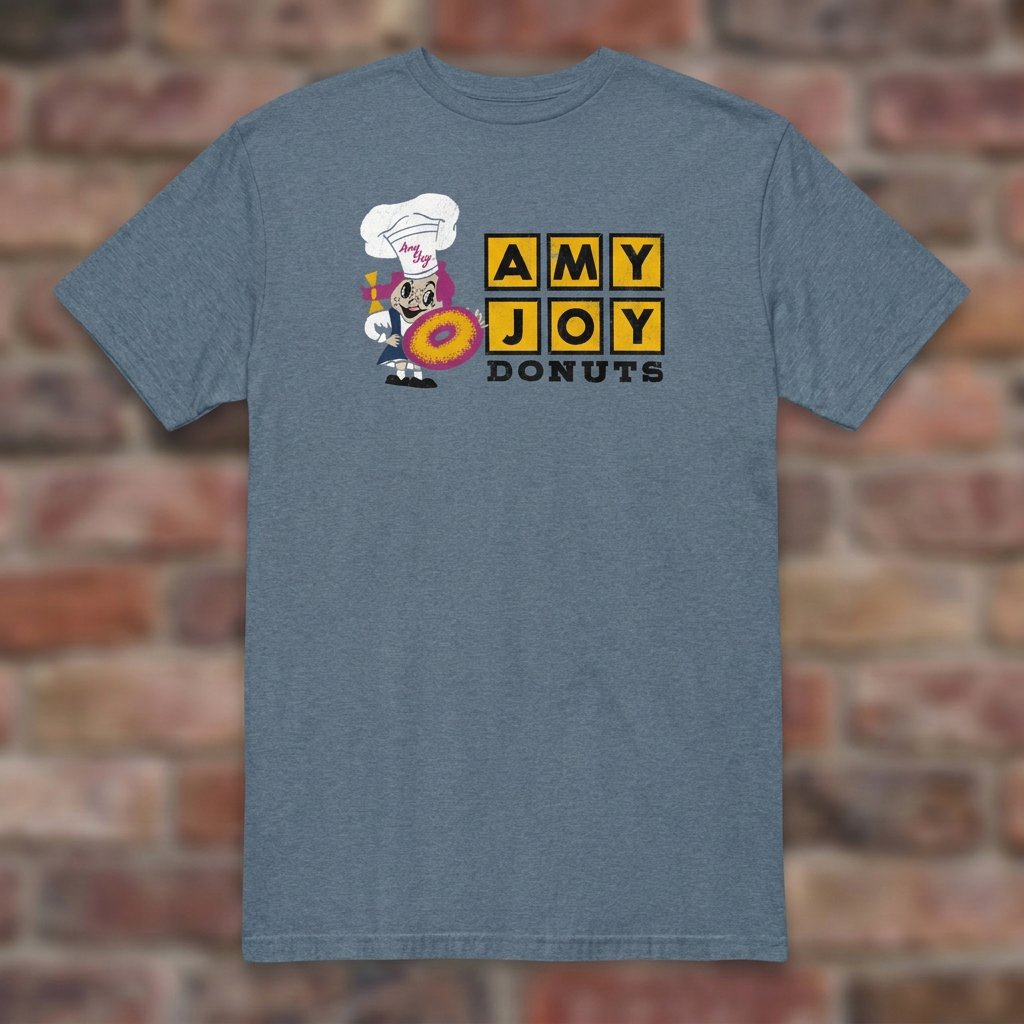 Amy Joy Donuts Heather Indigo T-shirt flat lay on brick background