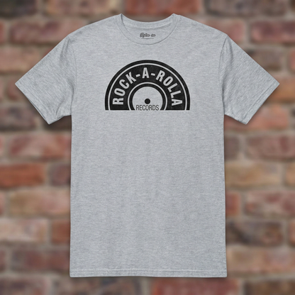 Rock-A-Rolla Records Sport Grey T-shirt flat lay on brick background