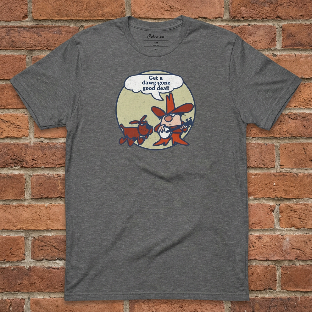 Get a Dawg-Gone Good Deal T-shirt in Graphite Heather, flat lay on warm brick background