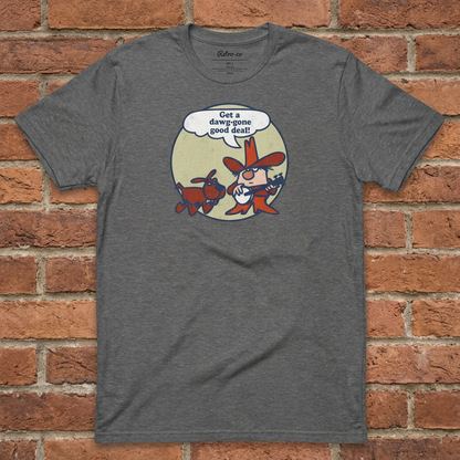 Get a Dawg-Gone Good Deal T-shirt in Graphite Heather, flat lay on warm brick background