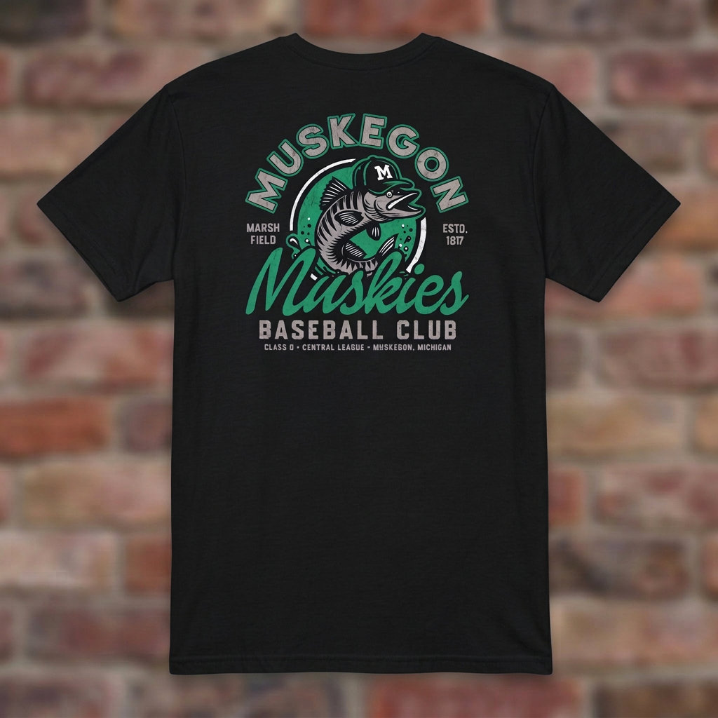 Muskegon Muskies Black T-shirt flat lay on brick background