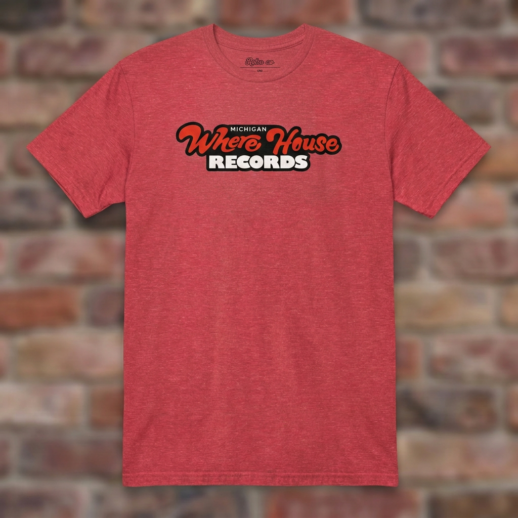 Wherehouse Records Michigan Heather Red T-shirt flat lay on brick background