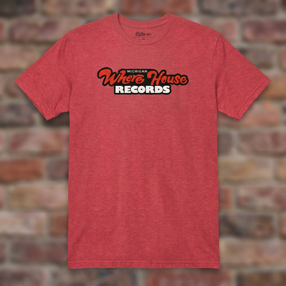 Wherehouse Records Michigan Heather Red T-shirt flat lay on brick background