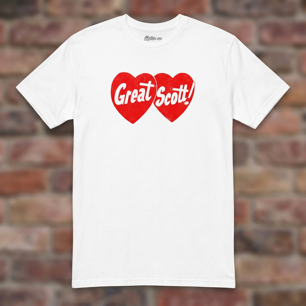 Great Scott White T-shirt flat lay on brick background