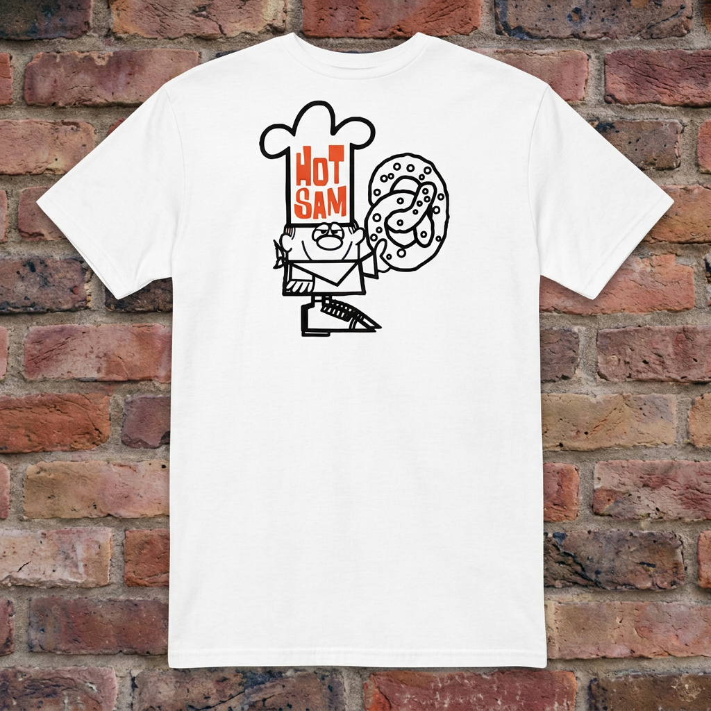Hot Sam Pretzels T-shirt in White, flat lay on warm brick background