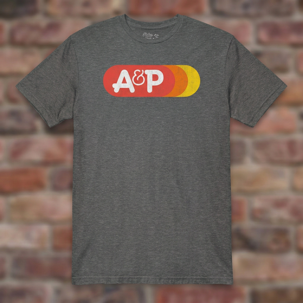 A&P Graphite Heather T-shirt flat lay on brick background