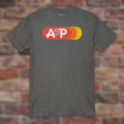 A&P Graphite Heather T-shirt flat lay on brick background