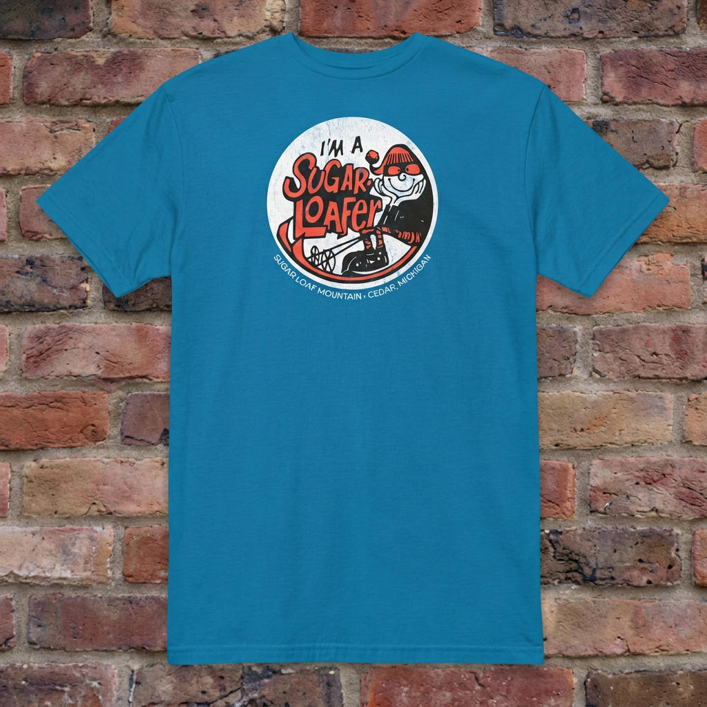 I'm a Sugar Loafer T-shirt in Sapphire, flat lay on warm brick background