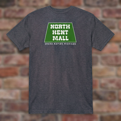 North Kent Mall Heather Navy T-shirt flat lay on brick background