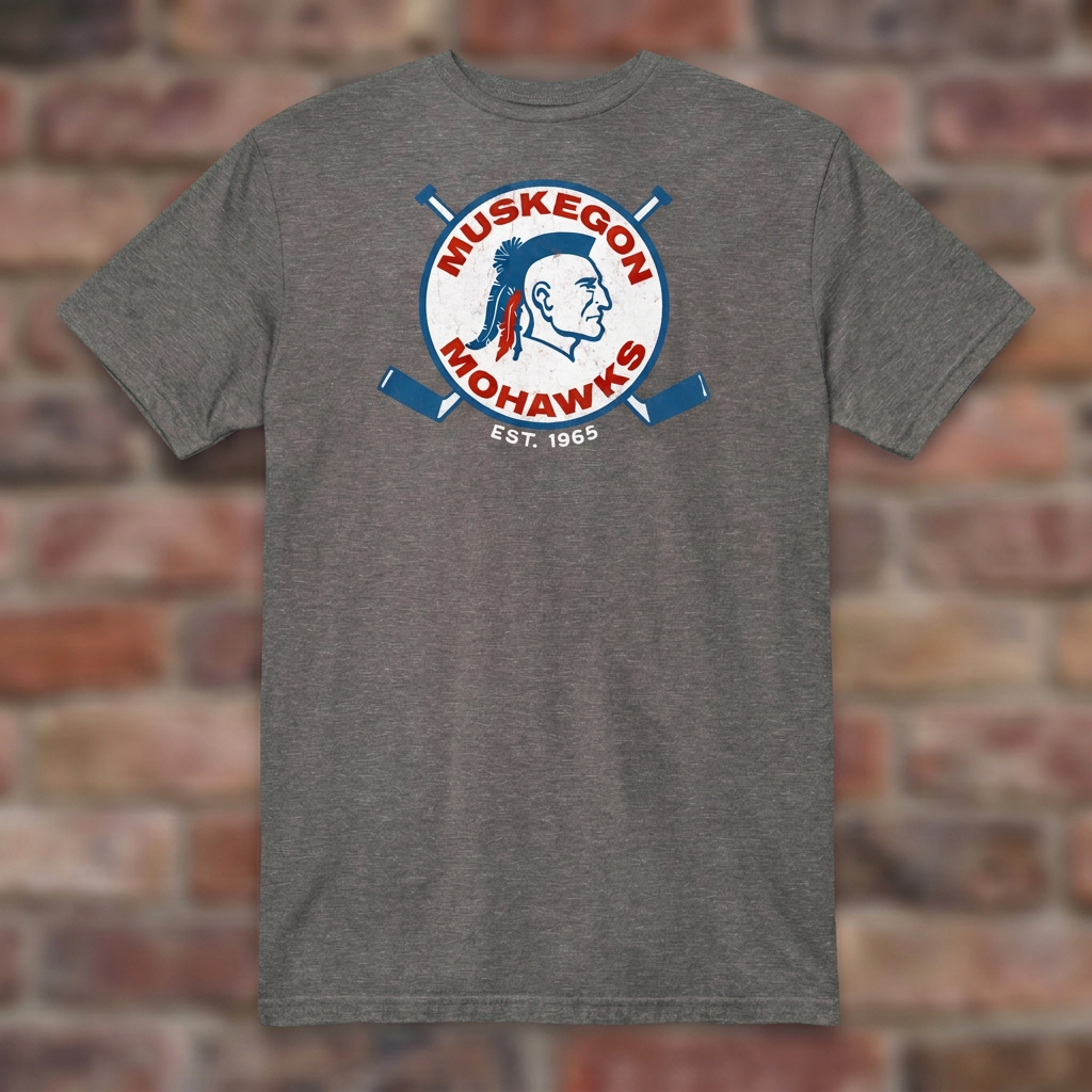 Graphite Heather Muskegon Mohawks T-shirt laid flat against a weathered brick background