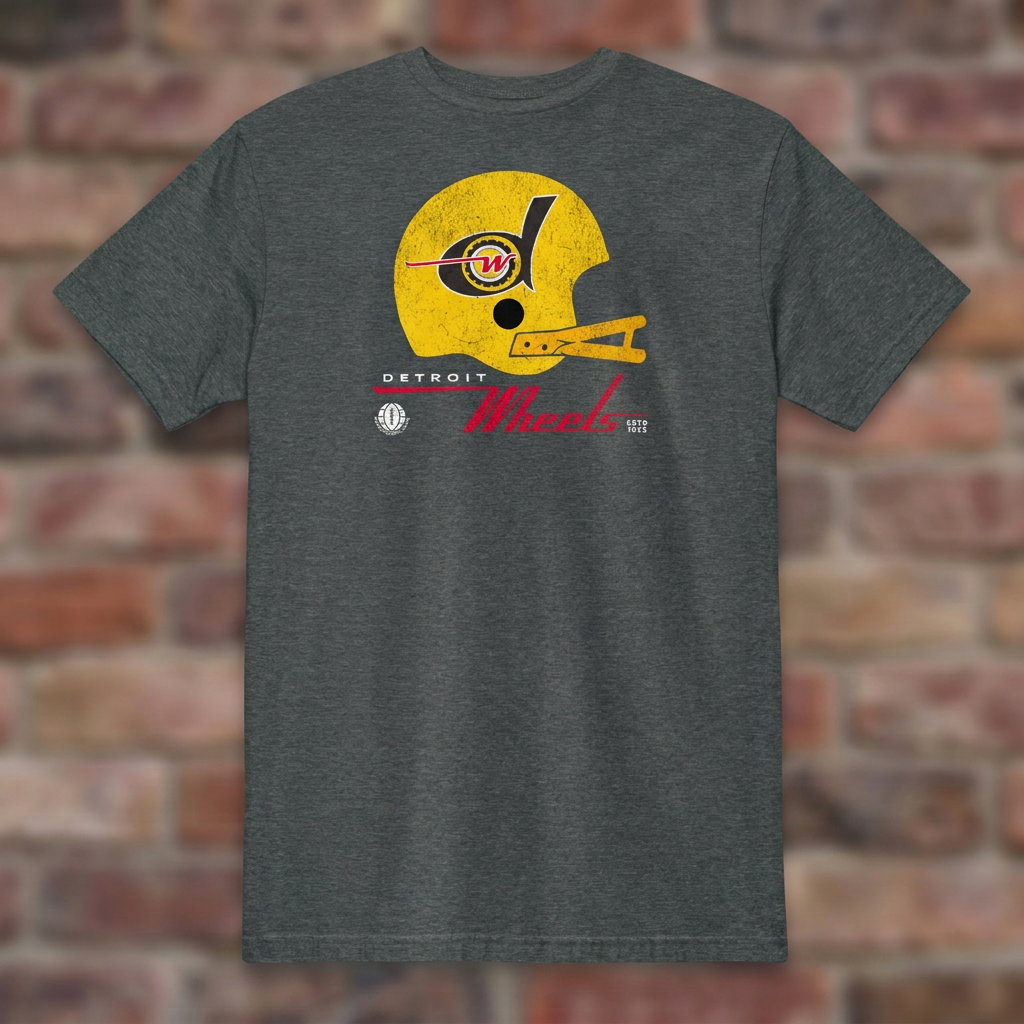 Detroit Wheels Dark Heather T-shirt flat lay on brick background