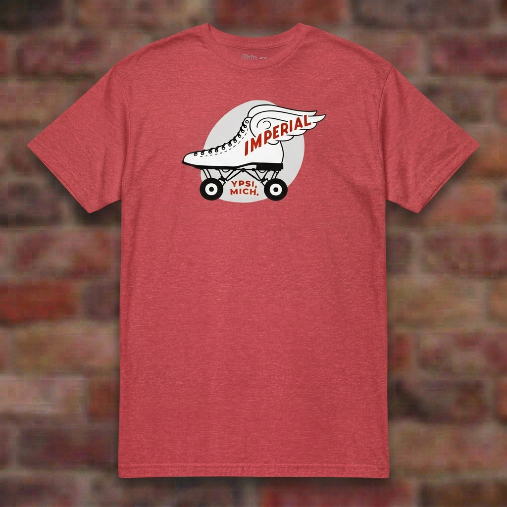 Imperial Roller Rink Heather Red T-shirt flat lay on brick background