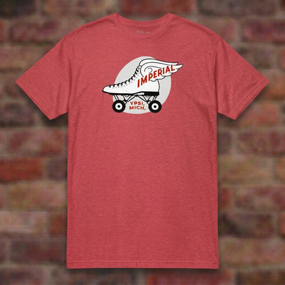 Imperial Roller Rink Heather Red T-shirt flat lay on brick background