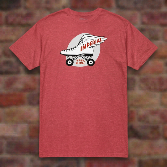 Imperial Roller Rink Heather Red T-shirt flat lay on brick background