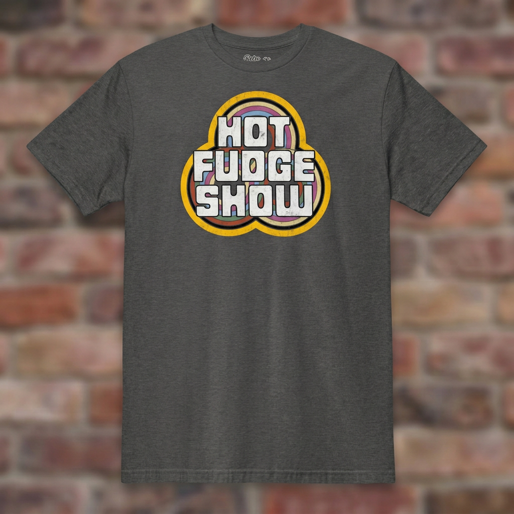 Hot Fudge Show Dark Heather Grey T-shirt flat lay on brick background