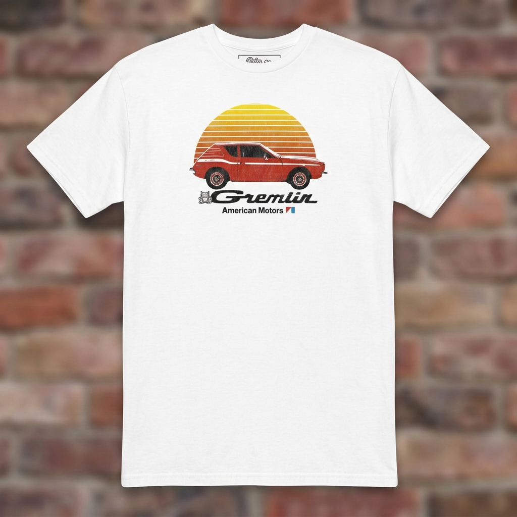 AMC Gremlin White T-shirt flat lay on brick background
