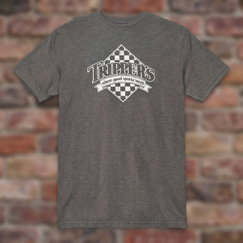 Trippers Lansing Graphite Heather T-shirt flat lay on brick background