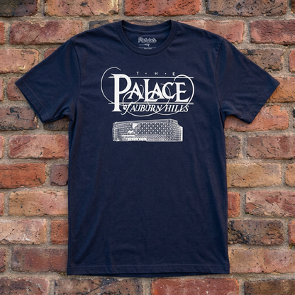 Navy Palace of Auburn Hills T-shirt flat lay on warm brick