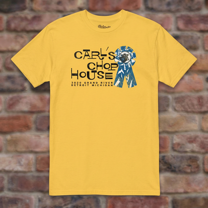 Carl's Chop House Daisy T-shirt flat lay on brick background