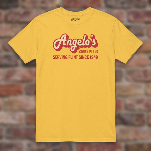 Angelo's Coney Island Flint Daisy T-shirt flat lay on brick background
